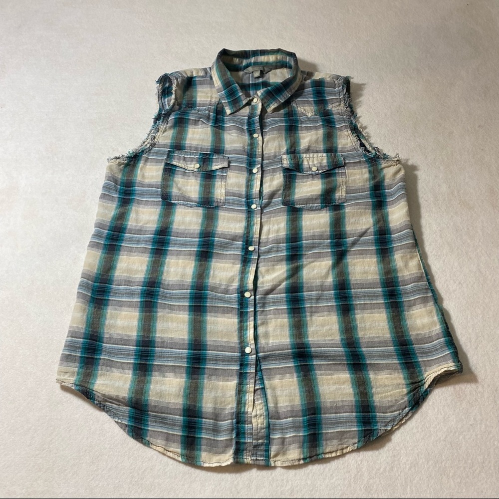 Rubbish Tank Top Shirt woman’s Large Pearl Snap button Green Plaid Wéstern Rodeo
